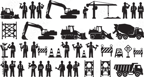 Set of 35 Construction Worker and Heavy Machinery Silhouettes Vector