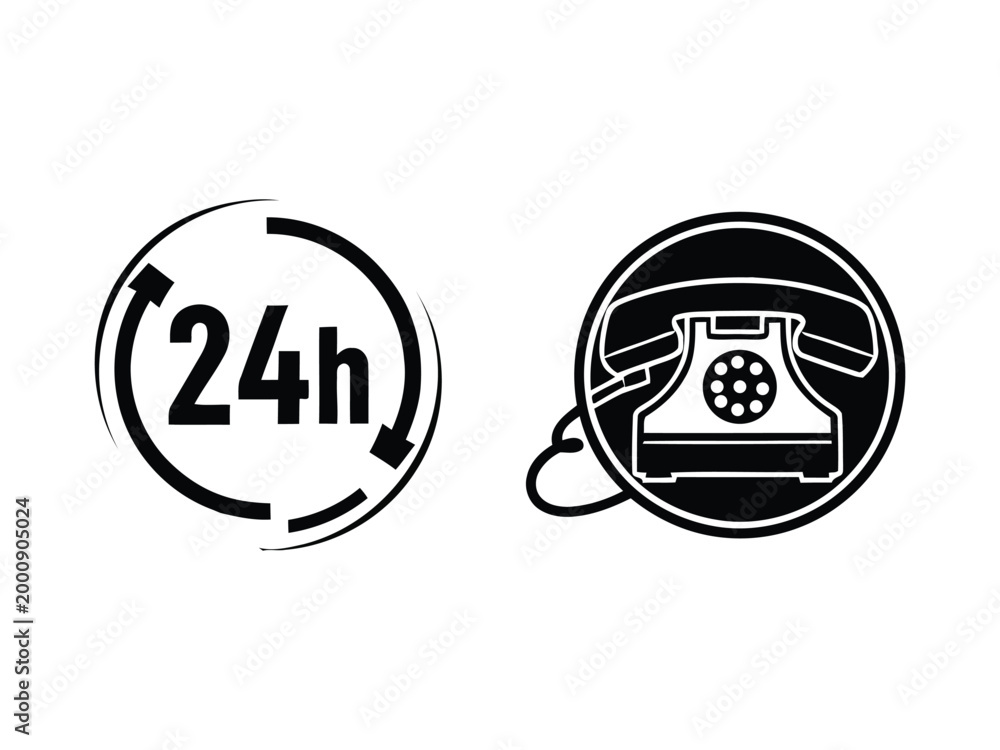Fototapeta premium 24 hour customer support silhouette icons phone and circular clock design