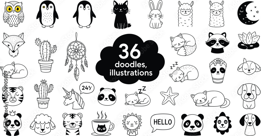 Naklejka premium Large set of 36 cute hand drawn animal doodles and lifestyle icons including panda cat owl penguin and raccoon characters in simple black line art style