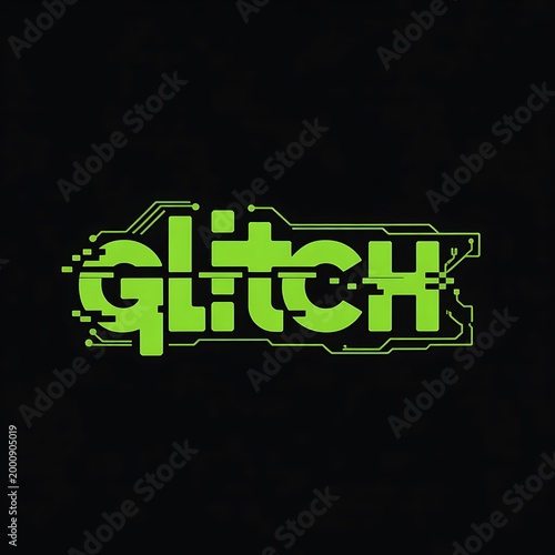 Green glitch text with circuit board design on a black background representing digital errors