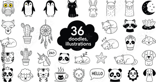 Large set of 36 cute hand drawn animal doodles and lifestyle icons including panda cat owl penguin and raccoon characters in simple black line art style
