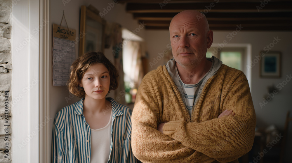 Fototapeta premium Stepfather stands in hallway with arms folded, teenage stepdaughter leaning against bedroom doorframe, neither crossing the threshold, a chore chart taped crookedly to the wall beside them, midday s
