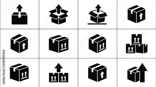 Obraz na płótnie Schwarz-weiße Icons von Paketen und Kartons mit Pfeilen, die das Hochladen und den Versand symbolisieren
