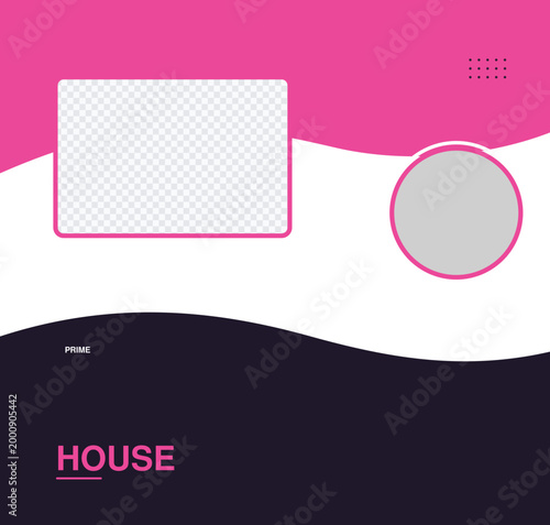 Modern house branding mockup with rectangular and circular placeholders on a pink and dark gradient background.