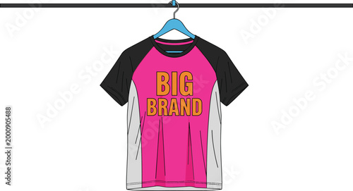 Sport T-shirt mockup hanging on a rack with big brand text placeholder for apparel design and clothing merchandise presentation flat vector