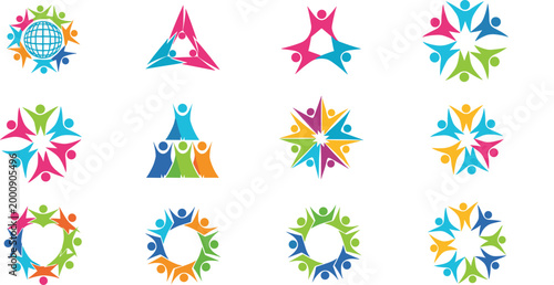 Fotografie Abstract community logo collection featuring colorful stylized people figures in