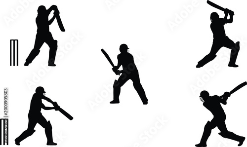 Cricket batting silhouettes with stumps and protective gear showing multiple player stances, dynamic motion, sports technique, teamwork, and competitive energy