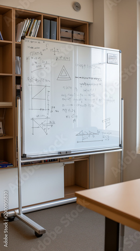 Whiteboard with mathematical equations in a classroom setting during daytime