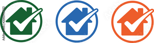 Cartoon house icons with check marks in colorful circular backgrounds representing home approval verification vector illustration