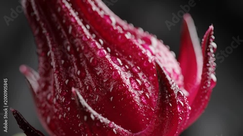 Closeup Macro Shot of a DewKissed Red Hibiscus Bud.