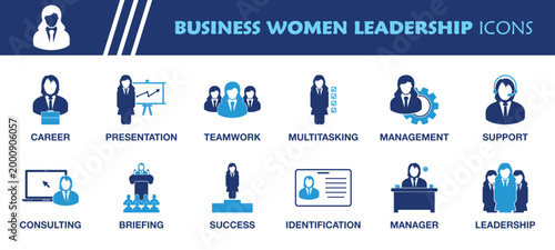 Business Women Leadership Icon Set. Collection of Career, Teamwork, Support, Success, Management and More Icons. Editable Flat Vector Illustration.