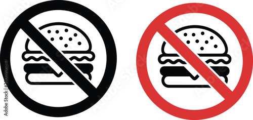 Cartoon prohibition icons with hamburgers crossed out representing restriction on fast food consumption vector illustration