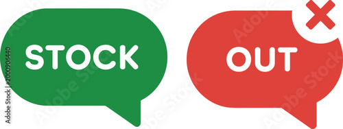 Cartoon stock availability icons with speech bubbles representing in stock and out of stock retail symbol vector illustration