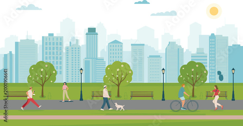 Vector illustration of city park with people walking, cycling and jogging in urban outdoor decorative design