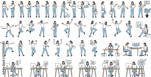 Professional businesswoman character set in various office poses including working at desk presenting jumping for joy and managing tasks flat vector illustration collection