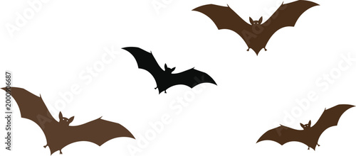 Three flying bats against a black background
