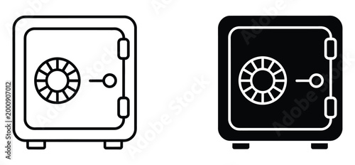 Two safes with dials and handles in black and white line art, minimal outline style showing secure storage boxes