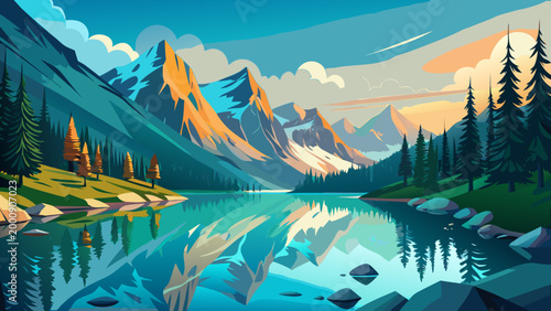 A turquoise crystal clear lake surrounded by snow-capped mountains and pine trees, reflection in the water, golden hour lighting, cinematic landscape photography.