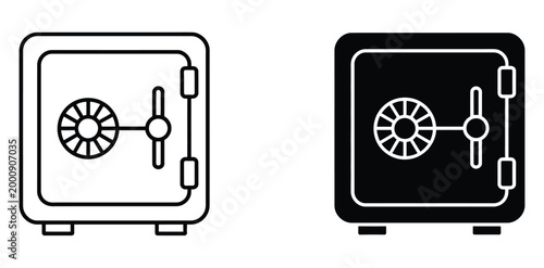 

Two safes with dials and handles in black and white line art, clean vector illustration of vault security systems, banking protection