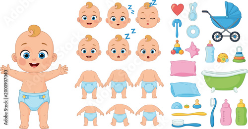 Cute baby boy character construction kit with various facial expressions body poses and infant care accessories isolated on white background flat vector illustration