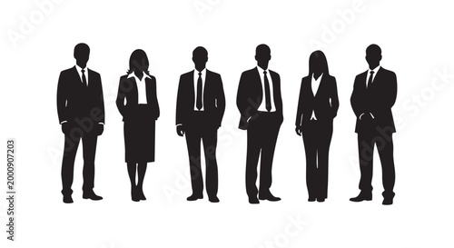 Business professionals in formal attire silhouettes including men and women standing together as a team vector illustration.