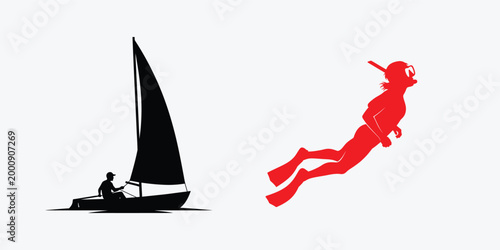 Black sailboat and red scuba diver silhouettes Vector, EPS