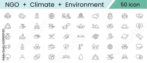 Set of 50 thin line icons related to ngo, climate change, environment, ecology, sustainability, and social responsibility