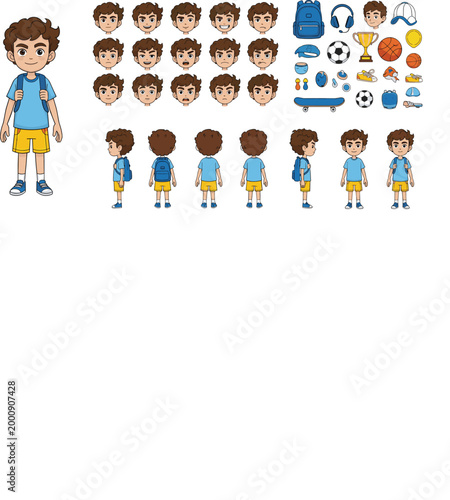 School boy character construction kit with various facial expressions body poses and sports accessories isolated on white background flat vector