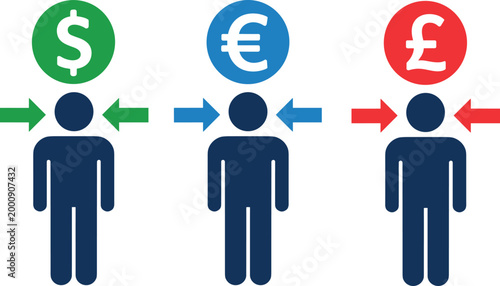 Cartoon currency exchange icons with human figures and arrows representing international financial transactions vector illustration