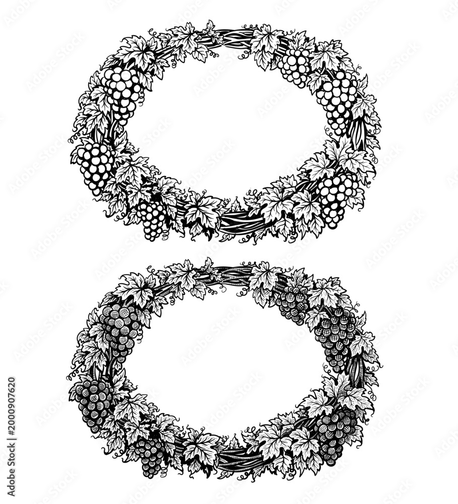 Fototapeta premium Grapevine oval wreath. Two hand drawn different sketches style frames. Decoration suitable for wine labels, winery branding, distillery, cellar, refinery. Vector illustration on transparent background
