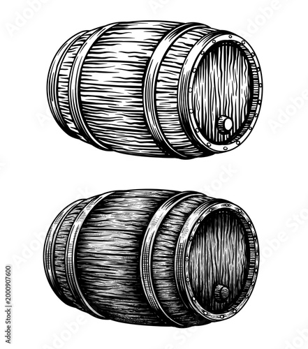 Two wooden barrels in perspective view, one simple and one highly detailed. Hand drawn sketch style vector illustration. Rustic vintage casks on transparent background, ideal for alcohol, wine, beer o