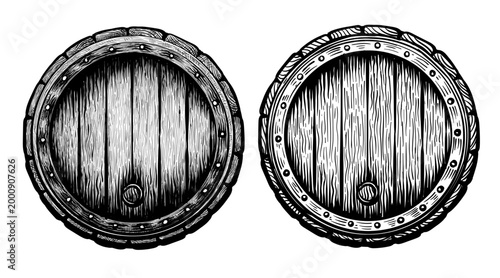 Front view vintage wooden barrel vector illustration on transparent background. Two hand drawn different sketches style objects. Element suitable brewery, winery and packaging use.