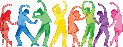 Colorful Dancing People Silhouette Illustration Set Featuring Couples and Individuals Performing Party Dance Moves for Celebration, Music, Festival, and Entertainment Event Design