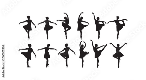 Collection of ballerina silhouettes in various elegant dance poses, showcasing grace and movement of ballet.