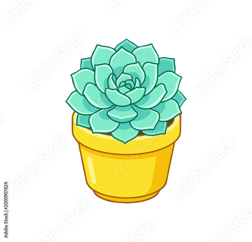 Green Succulent Plant in Yellow Pot Vector Illustration Isolated on White, Houseplant Cactus Echeveria Flat Icon for Home Decor and Gardening Design