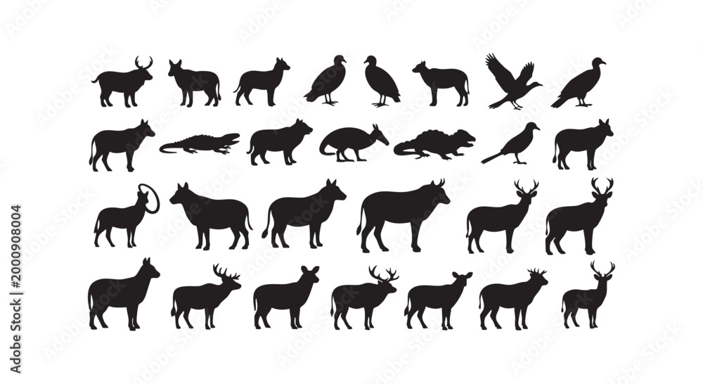 Fototapeta premium Collection of black animal silhouettes in various poses and species representing wildlife diversity and nature.