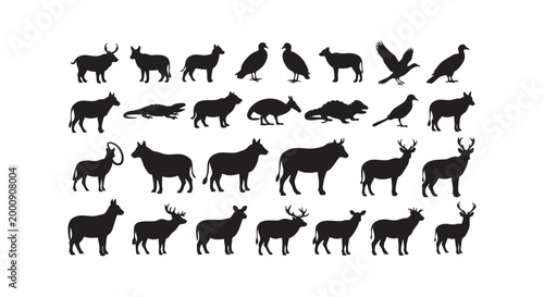 Collection of black animal silhouettes in various poses and species representing wildlife diversity and nature.