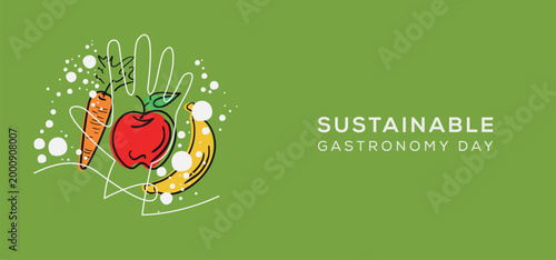 Sustainable Gastronomy Day Celebration with Fresh Organic Food and Eco Friendly Elements, vector illustration.