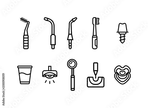 Professional Dental Care and Orthodontic Tools Line Icon Set, Toothbrush Implant Mirror Lamp Mouth Guard and Dental Cleaning Equipment Vector