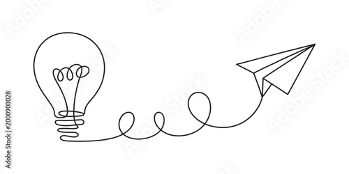 Idea generation lightbulb, flying paper airplane innovation concept creative thinking inspiration business strategy vector illustration set