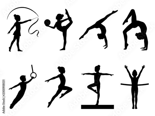 Children Gymnastic and Artistic Rhythmic Athletes Silhouette Set, Kids Performing with Ribbon Ball Rings and Balance Beam Vector Illustrations