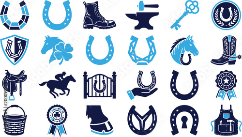 Horse riding and equestrian equipment icons in blue and dark blue for sports and lifestyle themes.