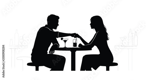 Couple on a date at a restaurant table black silhouette