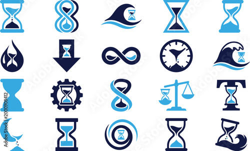 Assorted hourglass and time-related icons in blue and navy for concepts of time and measurement.