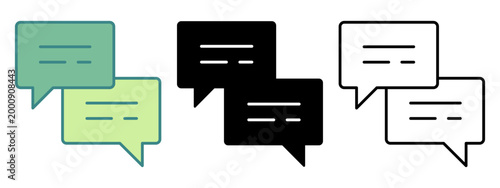 Collection of three different stylized speech bubble icons representing communication and conversation with text placeholders within each bubble for messages