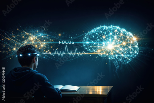 Teenage student wearing futuristic EEG headband at minimalist desk with holographic brain neural network visualization and FOCUS waveform signifying neurofeedback ADHD support and BCI learning