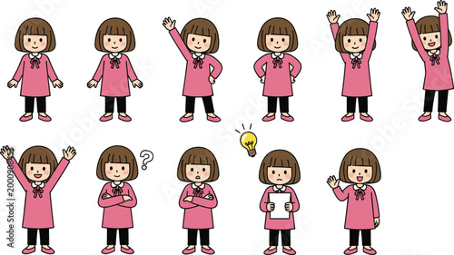 Illustration of Cute Girl Characters with Various Poses and Expressions for Emotions, Children, and Cartoon Concept Designs
