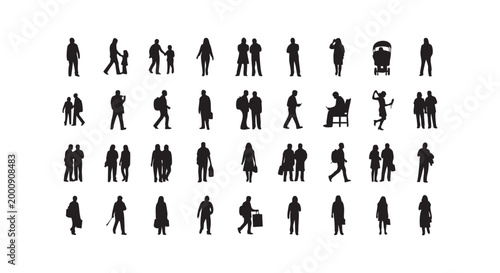 Collection of pedestrian silhouettes walking commuting and interacting in urban city street life scenes.