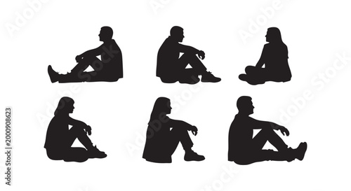 Collection of people silhouettes sitting on ground, diverse men and women in various relaxed poses, isolated figures.