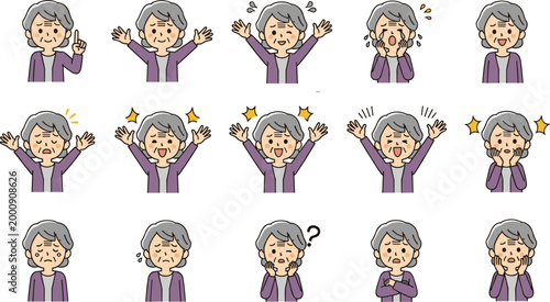 Illustration of Elderly Woman with Various Expressions and Emotions for Life, Family, and Senior Care Concept Designs